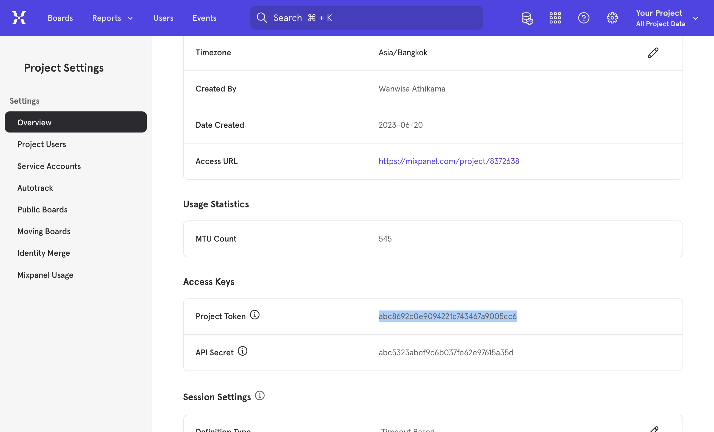 Mixpanel Project Token